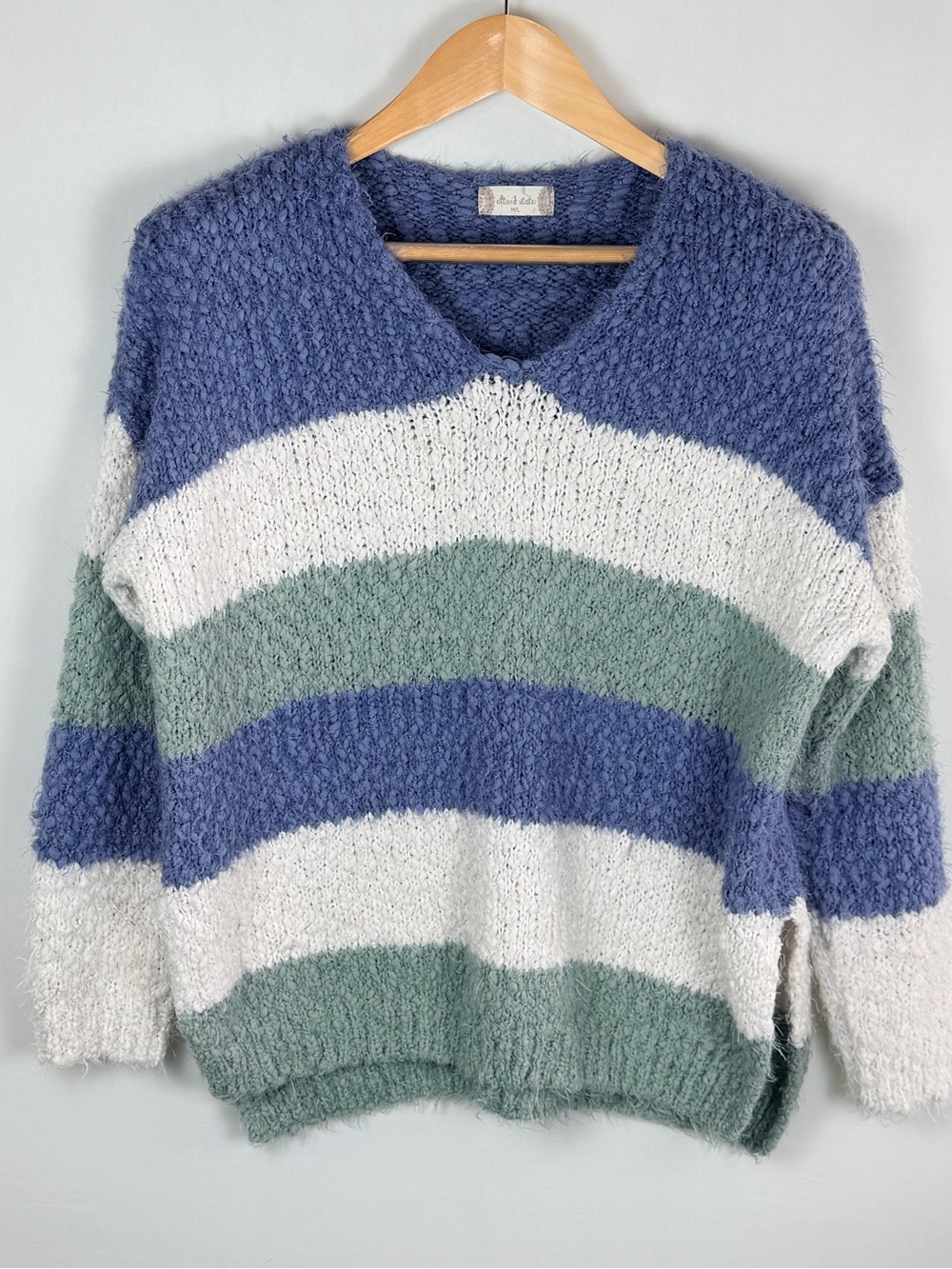 Altar’d State V Neck Striped Fuzzy Sweater Blue Green Cream Cozy Soft M/L